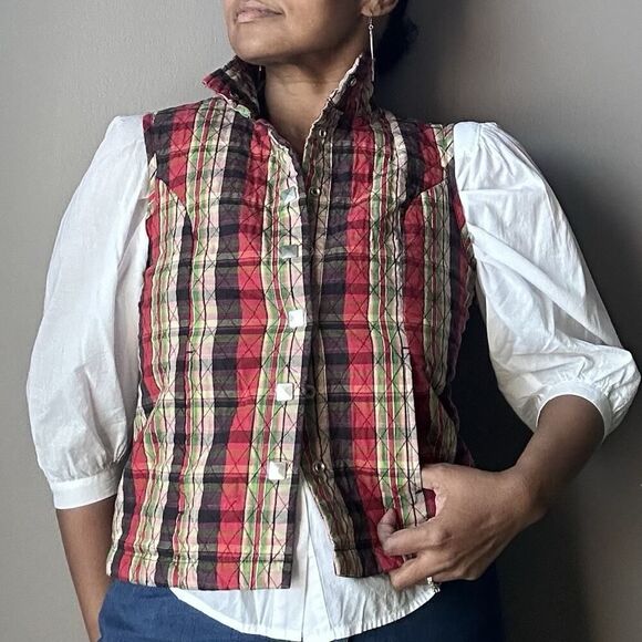 Christopher & Banks Quilted Plaid Snap Up Vest Red Multi Women's Size Medium - Picture 1 of 13